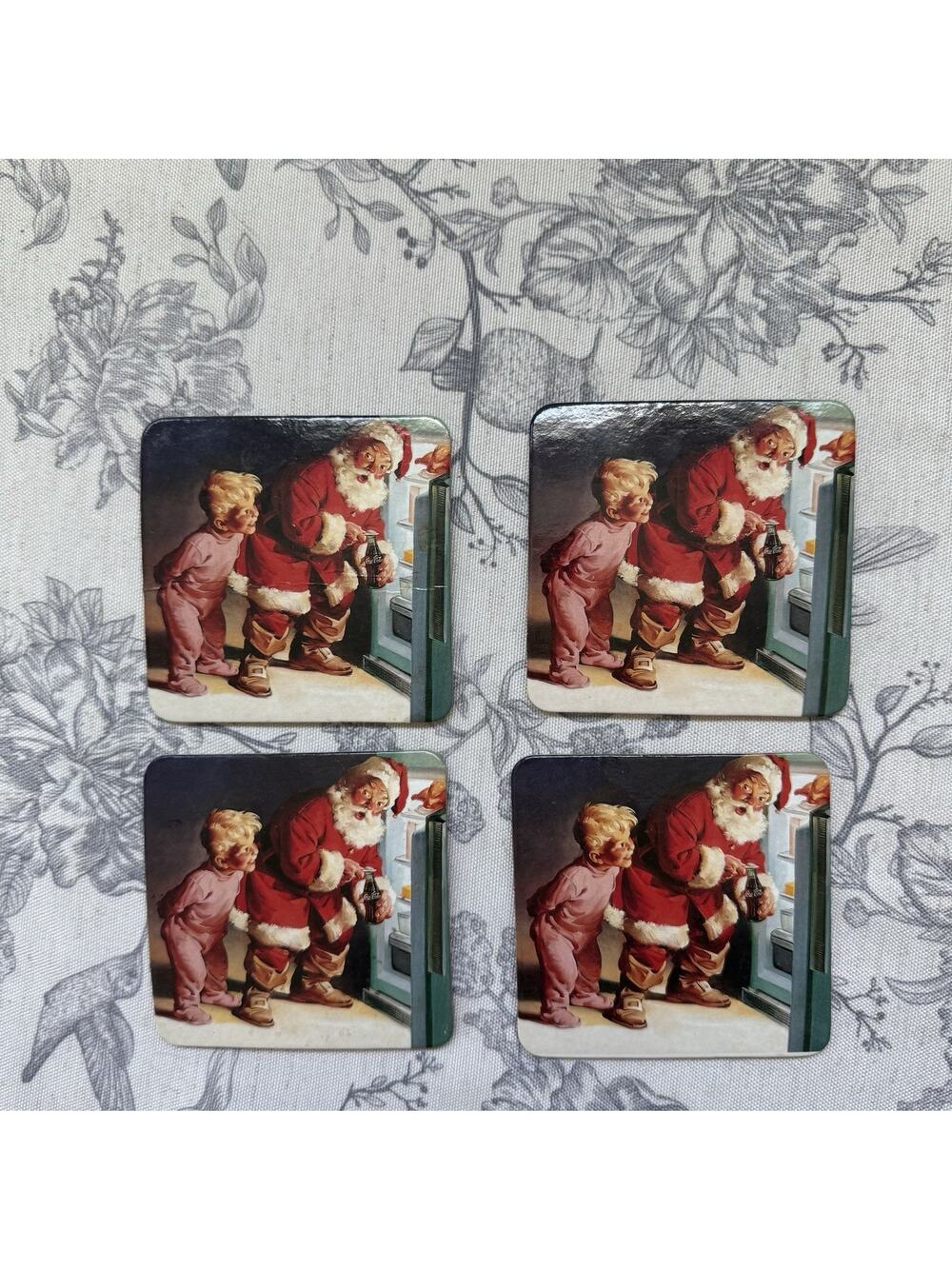 Vtg Coca Cola Coke Christmas Coasters Santa Cork Nostalgia 90s Holiday Set 4